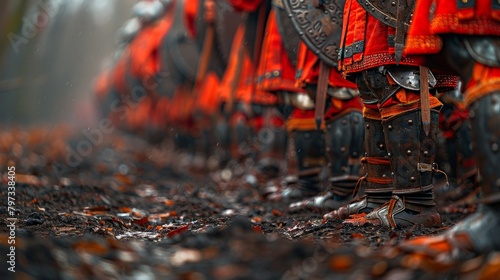A line of Roman legionnaires orange and black armor stands sentinel on a vast field, blending with the colors of autumn. photo