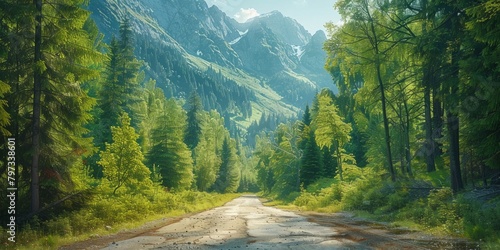 A serene painting capturing a dusty road winding through a lush forest, nestled under towering mountains. photo