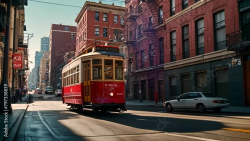 Video animation of vintage red tram is seen moving along a city street lined with multi-story buildings. The architecture suggests an urban environment with historical influences photo
