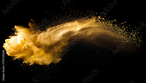 Gold colored powder explosion splashes freeze, isolated on a black background, creating an abstract splatter of colored dust powder.