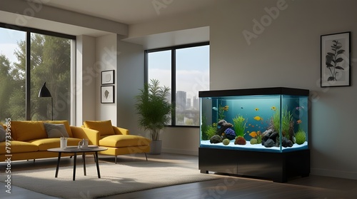 Illustration of a fish tank in a modern home interior Generative AI photo