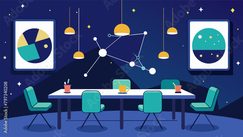 The clubs meeting room filled with posters of constellations showcasing the members passion for all things celestial.