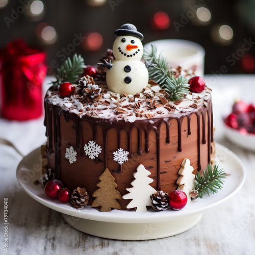 Christmas cake with chocolate, cranberries and snowman on a wooden background