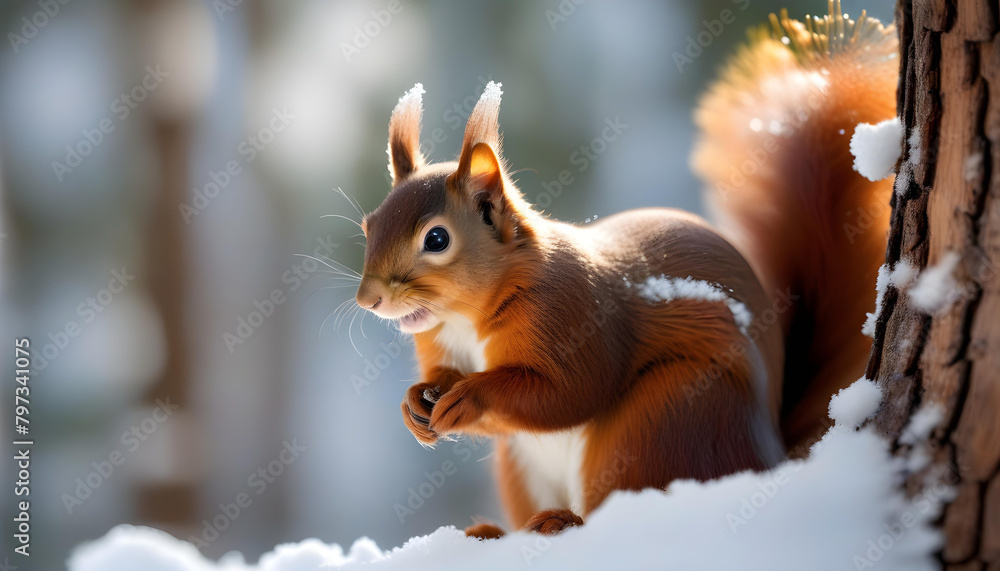 A red squirrel sitting on a snowy tree trunk in a winter forest A red squirrel sitting on a snowy tree trunk in a winter forest