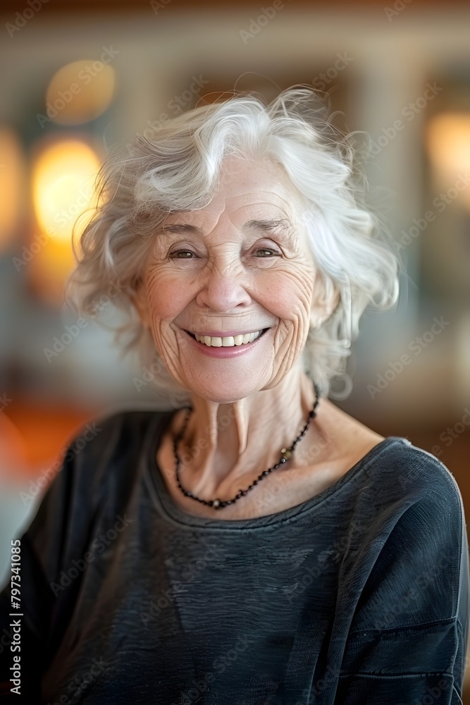 Warm and Welcoming Elderly Woman Smiling in Editorial Portrait with Soft Lighting and Blurred Background for Website Headers and Photography Warm and Welcoming Elderly Woman Smiling in Editorial Portrait with Soft Lighting and Blurred Background for Website Headers and Photography