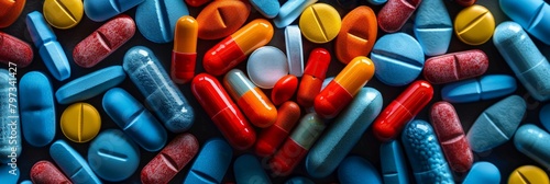 An array of various colorful medication pills and capsules displayed closely, highlighting a spectrum of pharmaceutical treatments. photo
