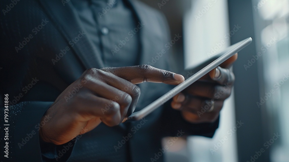 Tech-Savvy Professional, a close-up of a man holding a sleek tablet computer