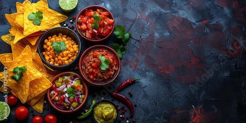 Celebrate Cinco de Mayo with friends and family by feasting on traditional Mexican dishes like tacos, nachos, tortilla corn chips, and salsas, all arranged on a vibrant background 