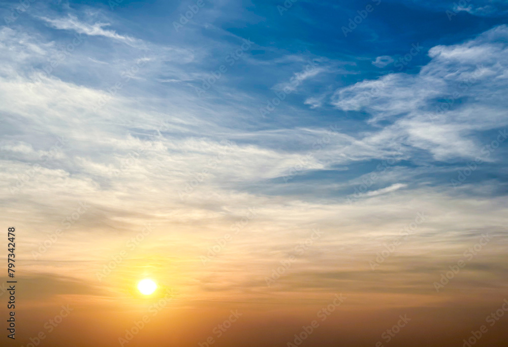 Fototapeta premium Sunset or sunrise sky background. Soft clouds in twilight sky time.