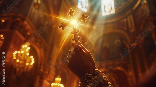 Woman's hand with cross. Concept of hope, faith, christianity, religion, church online. religion Concept .pray for blessings in the church light of happiness Path to the Land of the Gods photo