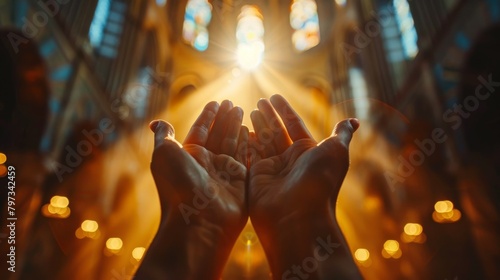 Woman's hand with cross. Concept of hope, faith, christianity, religion, church online. religion Concept .pray for blessings in the church light of happiness Path to the Land of the Gods photo