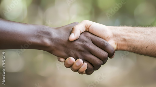 A handshake between two figures, one with a raised fist symbolizing resistance against racism