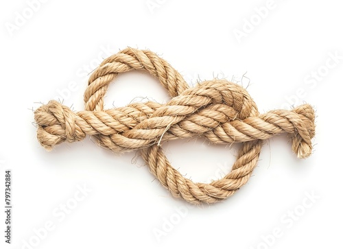 Tied knot of jute rope on white background top view