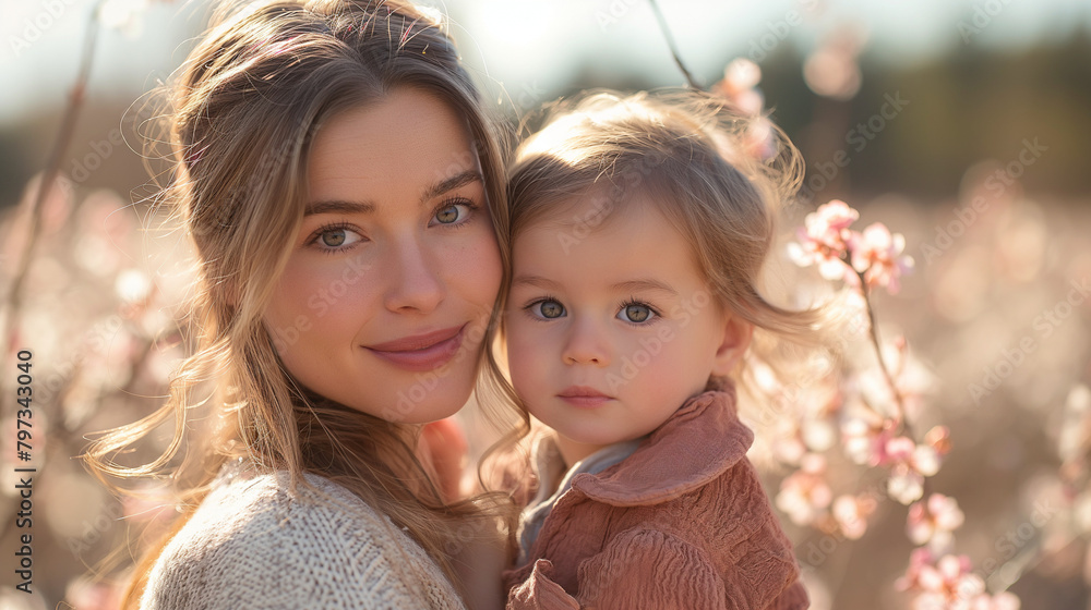Family portrait with daughter and small toddler, baby, outdoors in spring nature. Family portrait with daughter and small toddler, baby, outdoors in spring nature.