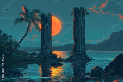 Tropical sunset over ancient ruins