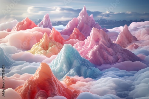 Dreamy digital art of mountains in pastel hues with a soft, cloud-like texture photo