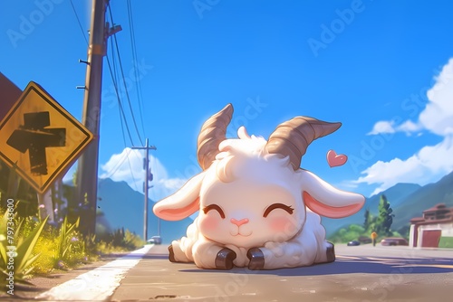 cute and happy cartoon goat on the street © Yoshimura