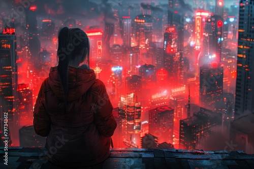 Woman overlooking neon city nightscape