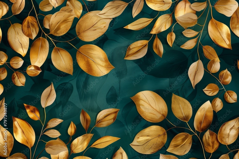 Elegant pattern with golden leaves on emerald background Elegant pattern with golden leaves on emerald background