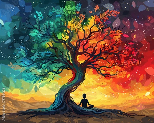 Abstract Tree of Life wallpaper with meditation chakra elements, featuring a meditating figure under a vibrant, colorful tree