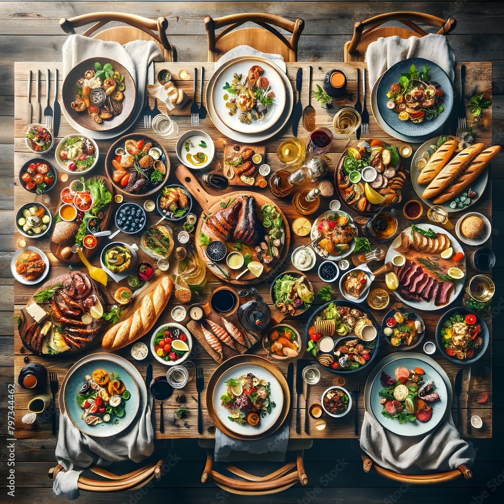 Epicurean Adventure: Top View of a Luxurious Food Array on a Timber Feast Table