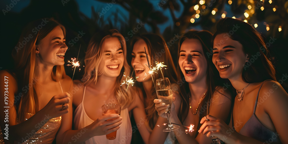 Group of happy people holding sparklers at Christmas or New year party and smiling.