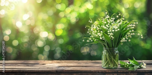 Spring background with wooden table and blooming flowers in vase on blurred green nature bokeh light rays