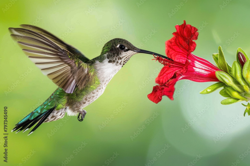Fototapeta premium Costa's hummingbird, hummingbird in flight, hummingbird drinking from a red flower