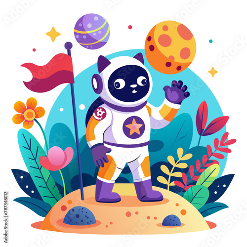 Whimsical scene of a dog astronaut planting a flag with a paw print emblem on a distant planet, surrounded by colorful alien flora