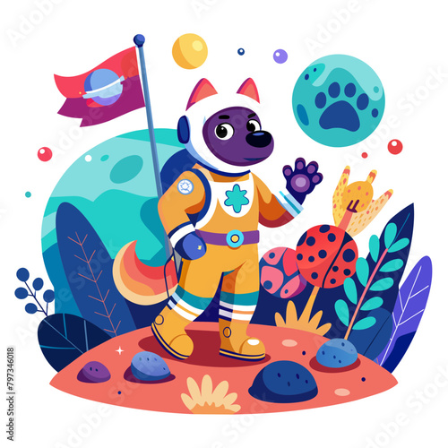 Whimsical scene of a dog astronaut planting a flag with a paw print emblem on a distant planet, surrounded by colorful alien flora