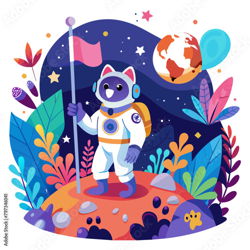 Whimsical scene of a dog astronaut planting a flag with a paw print emblem on a distant planet, surrounded by colorful alien flora