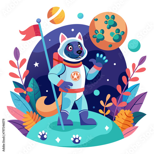 Whimsical scene of a dog astronaut planting a flag with a paw print emblem on a distant planet  surrounded by colorful alien flora