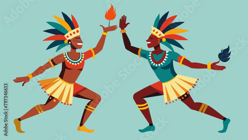 Two male dancers adorned with elaborate beaded necklaces and feather headdresses performing an energetic Zulu warrior dance.. Vector illustration