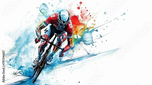 Professional bicycle racer riding a bike on abstract colorful graphic background. photo