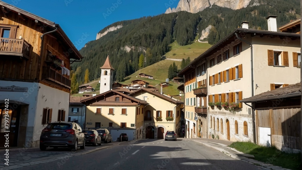 Quaint alpine village street with mountain background Quaint alpine village street with mountain background