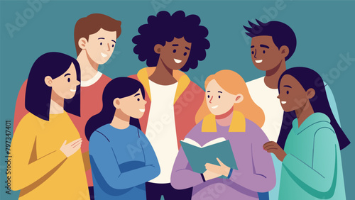 A group of teenagers huddled together eagerly discussing the impact of Toni Morrisons novels on their understanding of systemic racism.. Vector illustration