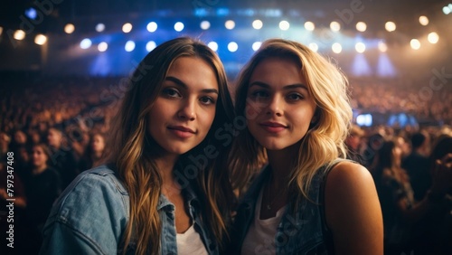 Selfie image of two happy smiling young beautiful caucasian women at a concert in a giant modern indoor arena nightlife club party lifestyle © VistaVisions