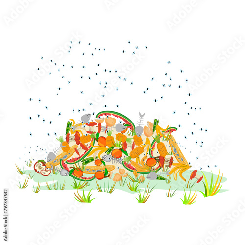 Colonies of flies fly over leftover food on the ground. Stack unsorted trash in grass. Rotting rubbish in land and flies flying around. Environment. Rubbish smells and started to decompose. Vector