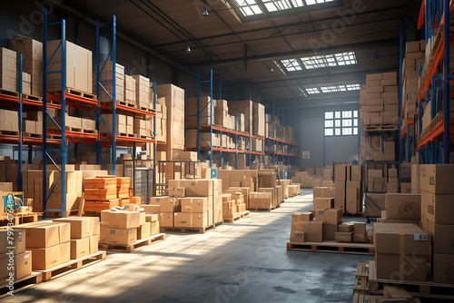 Large industrial warehouse with rows of shelves stocked with cardboard boxes. Generative AI © Breyenaiimages