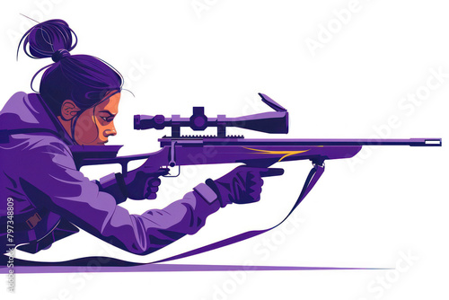 Purple watercolor painting of athlete woman on rifle shooting practice