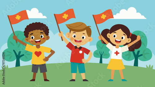 A group of smiling children hold up their handmade Junior Lifesaver flags as they parade around the park celebrating the completion of their