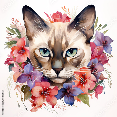 A siamese or wichienmaat cat head and beautiful tropical flowers on white background. Mammals. Pet. Animals. Illustration, Generative AI.