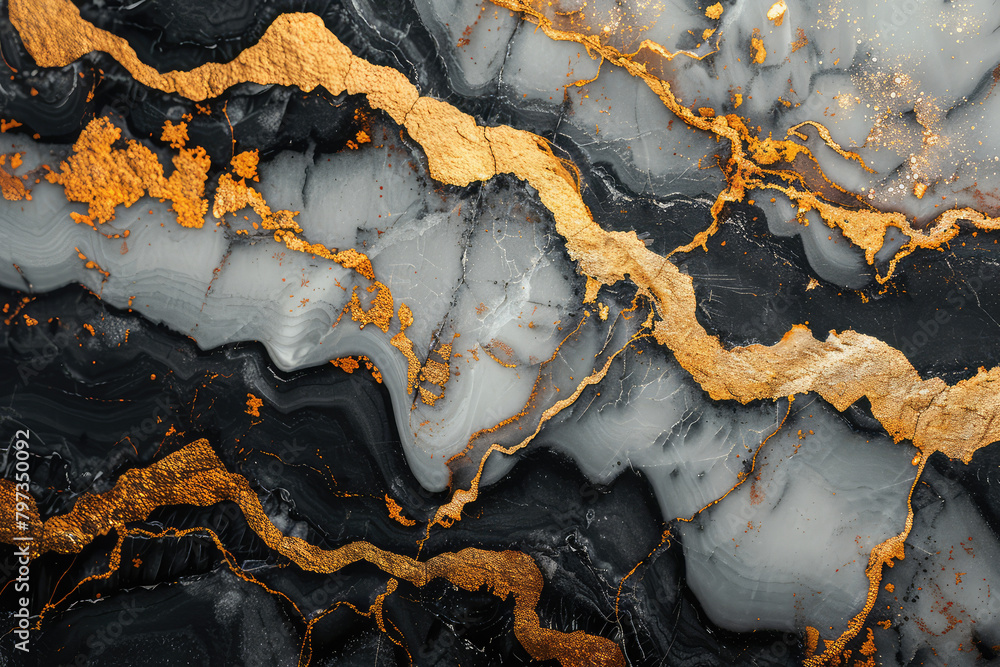 3D wallpaper, black marble texture with golden veins. Created with Ai