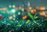 green plants and wind turbines with glowing lights on a city background