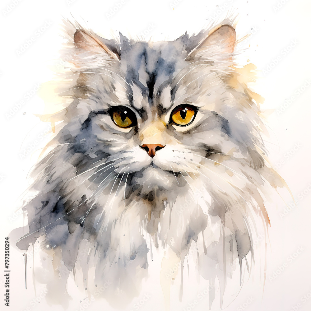 Image of watercolor painting of persian cat head on a clean background. Pet. Animals. Illustration. Generative AI.