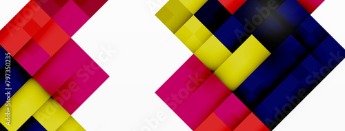 A vibrant geometric pattern featuring red, yellow, and blue rectangles on a white background. The colorfulness and symmetry of the design create a bold and eyecatching textile art piece