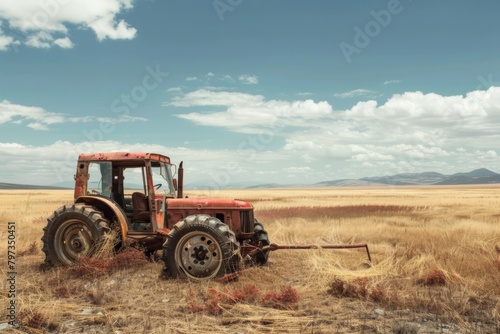 Abandoned Tractor Lies Forlorn in a Sparse Field Under Open Skies due to Draught