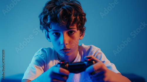 unhappy boy playing video game on blue background, gaming leads to depression
