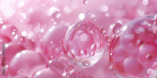 red pink abstract oil bubbles or face serum background. pink Oil and water bubbles molecule ,pink Bubbles oil or collagen serum for cosmetic product, banner poster