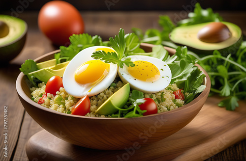 Salad bowl with quinoa, tomatoes, eggs, avocado, mixed greens, lettuce, parsley on wooden table. Healthy food concept.
